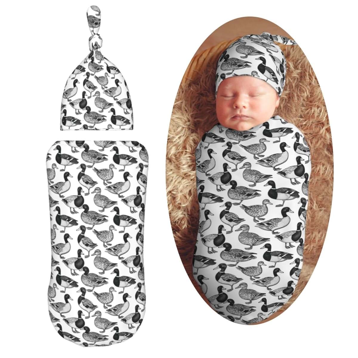 Muishi Vintage Ducks Newborn Swaddle Blanket and Hat Set, 0-6 Months