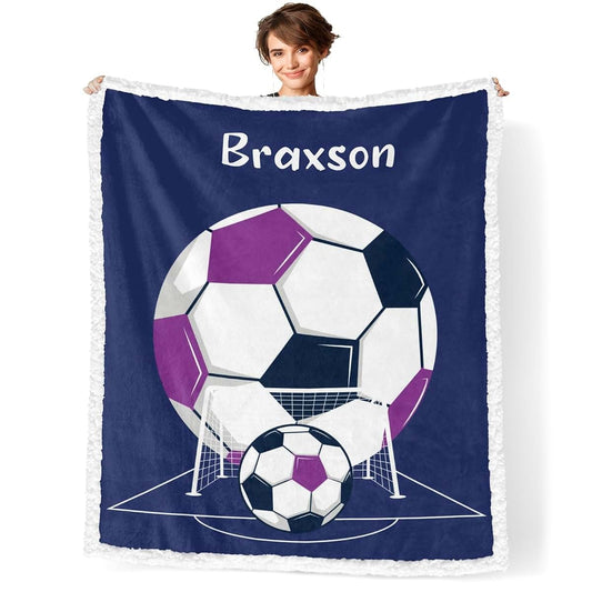 NZOOHY Love Soccer Purple Personalized Sherpa Baby Blankets for Boys Girls,Soft Newborn Naps Custom Name Blanket for