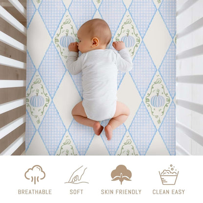 Selgkds Fall Blue Pumpkins Bows Gingham Baby Crib Sheets for Boy Girl Autumn Thanksgiving Harvest Soft Snug Fitted Crib (photo 3)