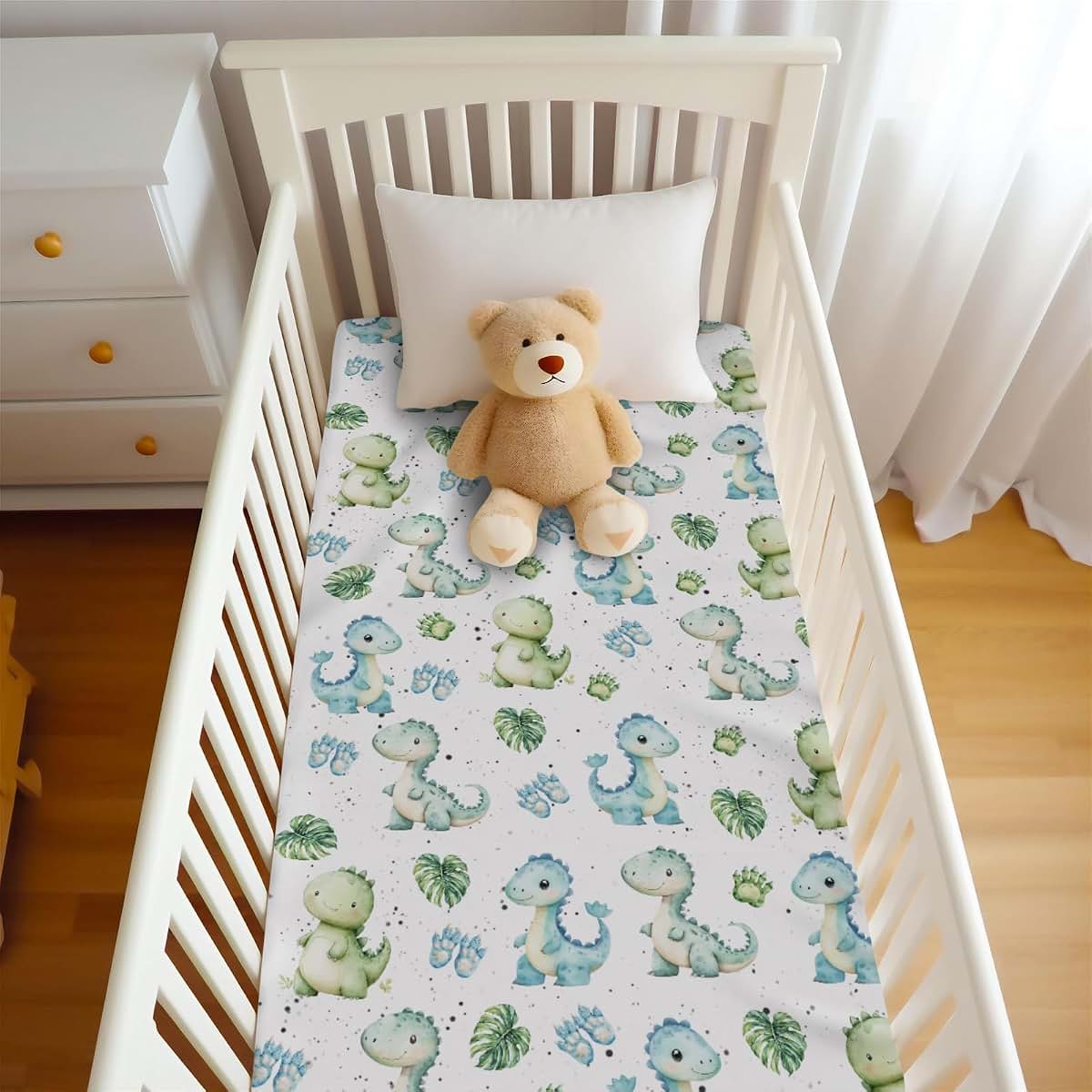 Wicbfdfv Cute Jungle Dinosaurs Fitted Baby Crib Sheet for Boys Girls 52x28Inch Blue Green Dinosaur Tropical Leaves Paws (photo 4)