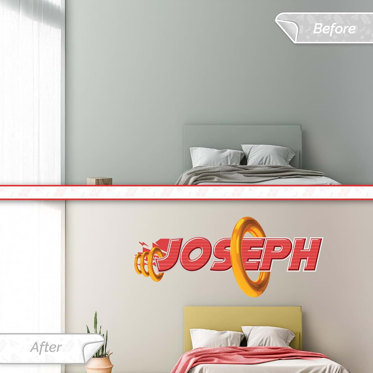 AdesiivoStudio Custom Red Action Name Wall Decal – Personalized Kids Wall Sticker with Motion Effect – Boys Room Decor