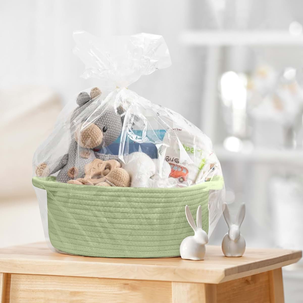 Honcesta Small Woven Gift Basket, Green Cotton Rope Storage Bin