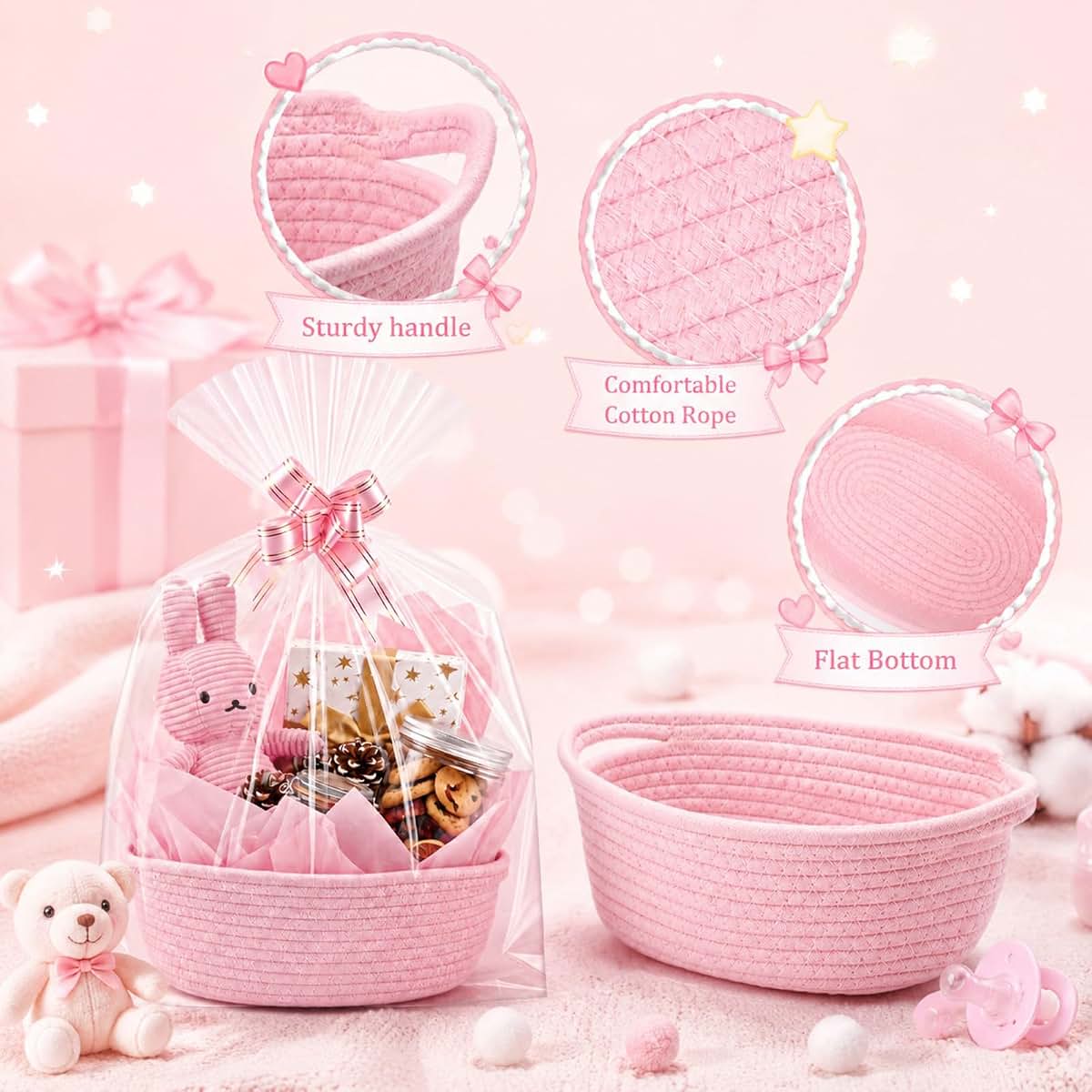 OBreezify 20 Sets Small Pink Woven Gift Basket with Handle, 12"x 8"x 5" Gift Baskets with Bags Pull Bows and Tissue (photo 3)