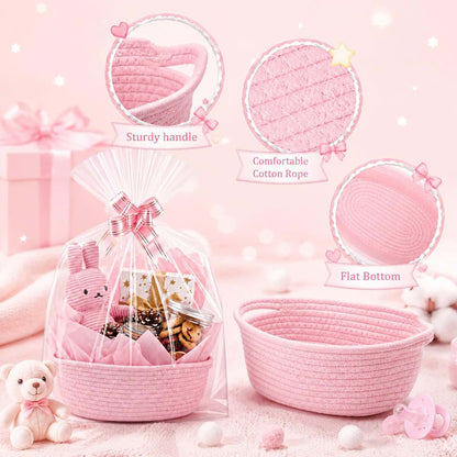 OBreezify 20 Sets Small Pink Woven Gift Basket with Handle, 12"x 8"x 5" Gift Baskets with Bags Pull Bows and Tissue (photo 3)