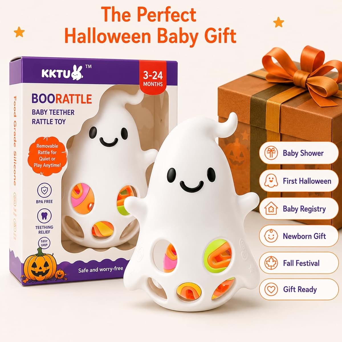 KKTU Baby's First Halloween Ghost Teether with Removable Rattle and Textured Silicone