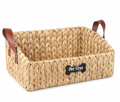 Brabtod Trapezoid Pet Toy Storage Basket, Water Hyacinth Wicker Organizer for Dog Cat Toys
