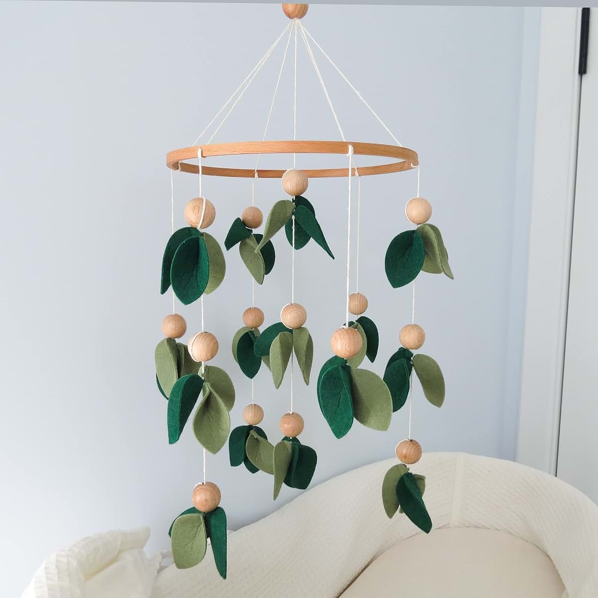 Goukurlsma Green Leaf Crib Mobile With Wooden Beads