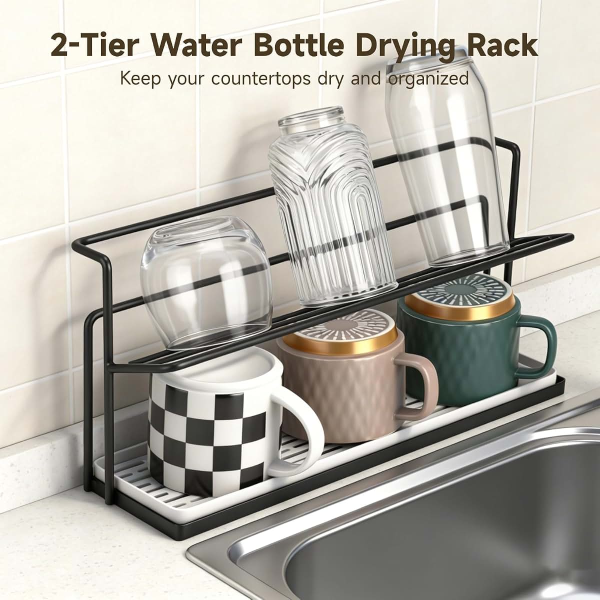 Joyoolife 2 Tier Water Bottle Drying Rack with Drain Tray, Black Metal Countertop Organizer