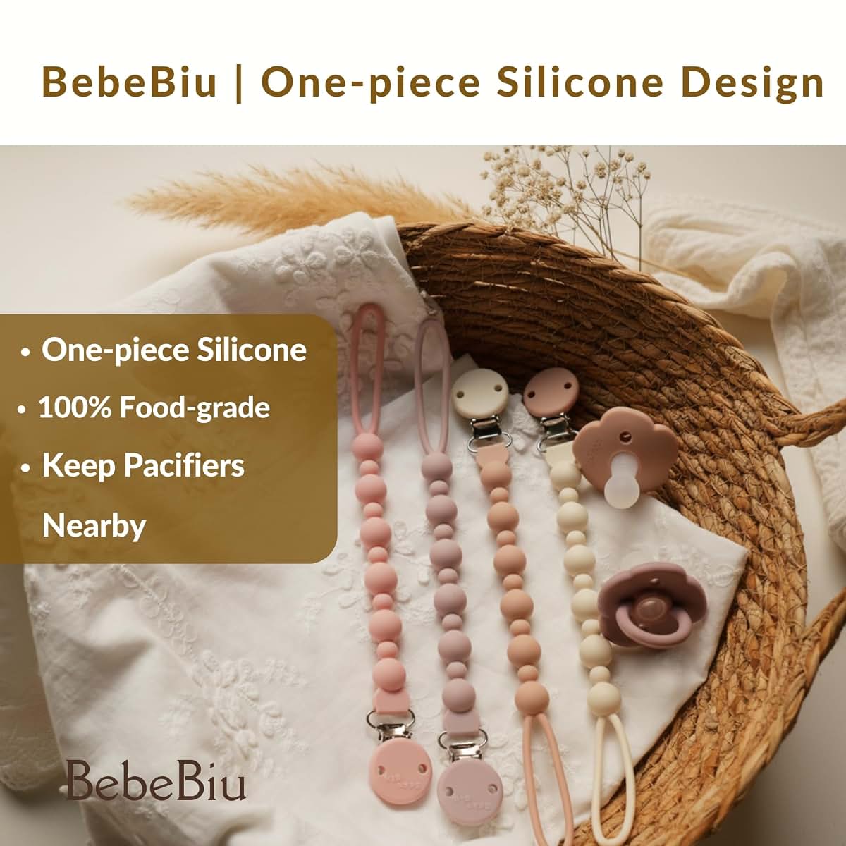 BebeBiu 2 Pack Silicone Pacifier Clips, One-Piece Design (photo 4)