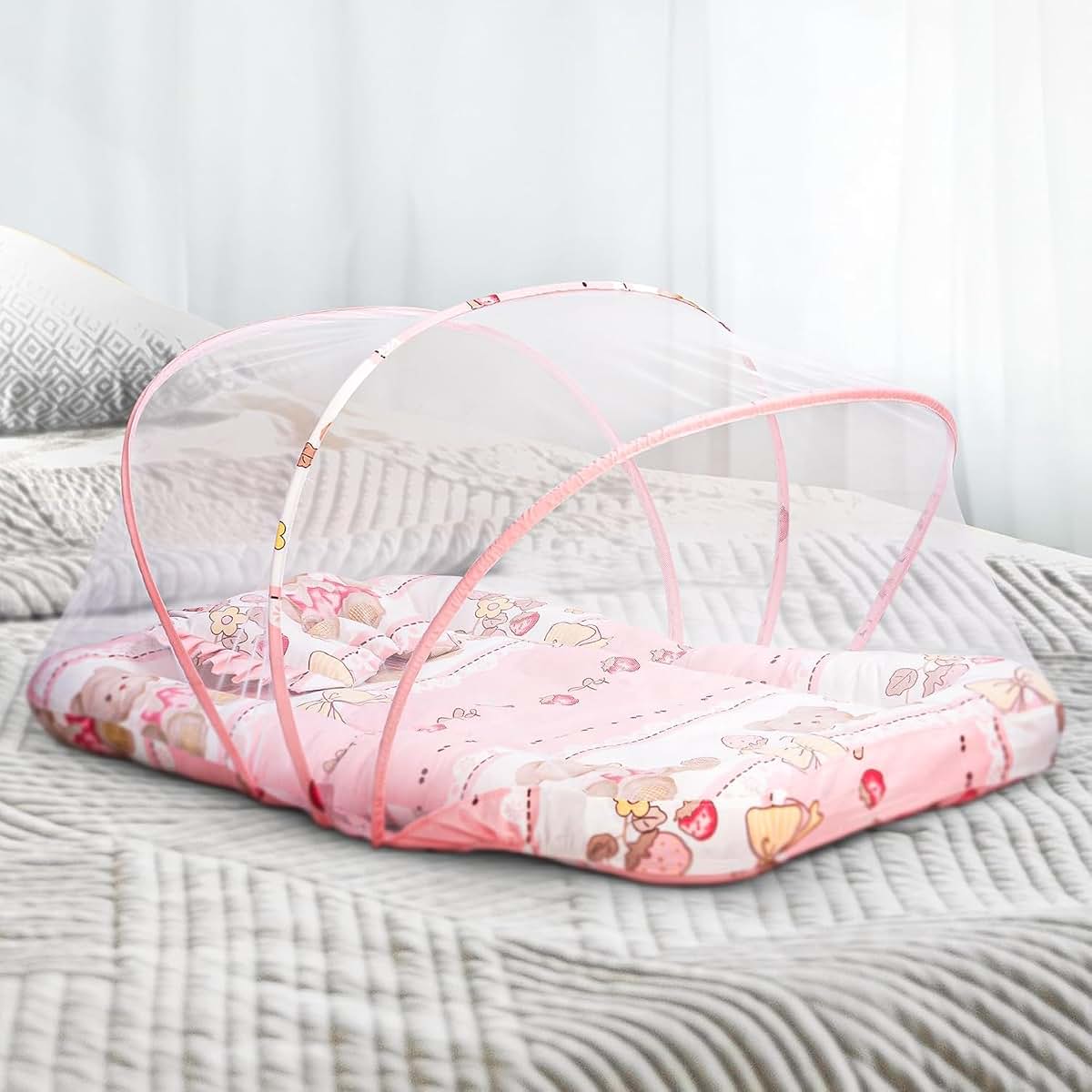 Baybee Baby Bedding Set With Mosquito Net, Mattress, And Neck Pillow - Little Nest Pink