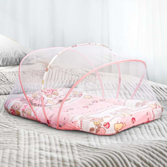 Baybee Baby Bedding Set With Mosquito Net, Mattress, And Neck Pillow - Little Nest Pink