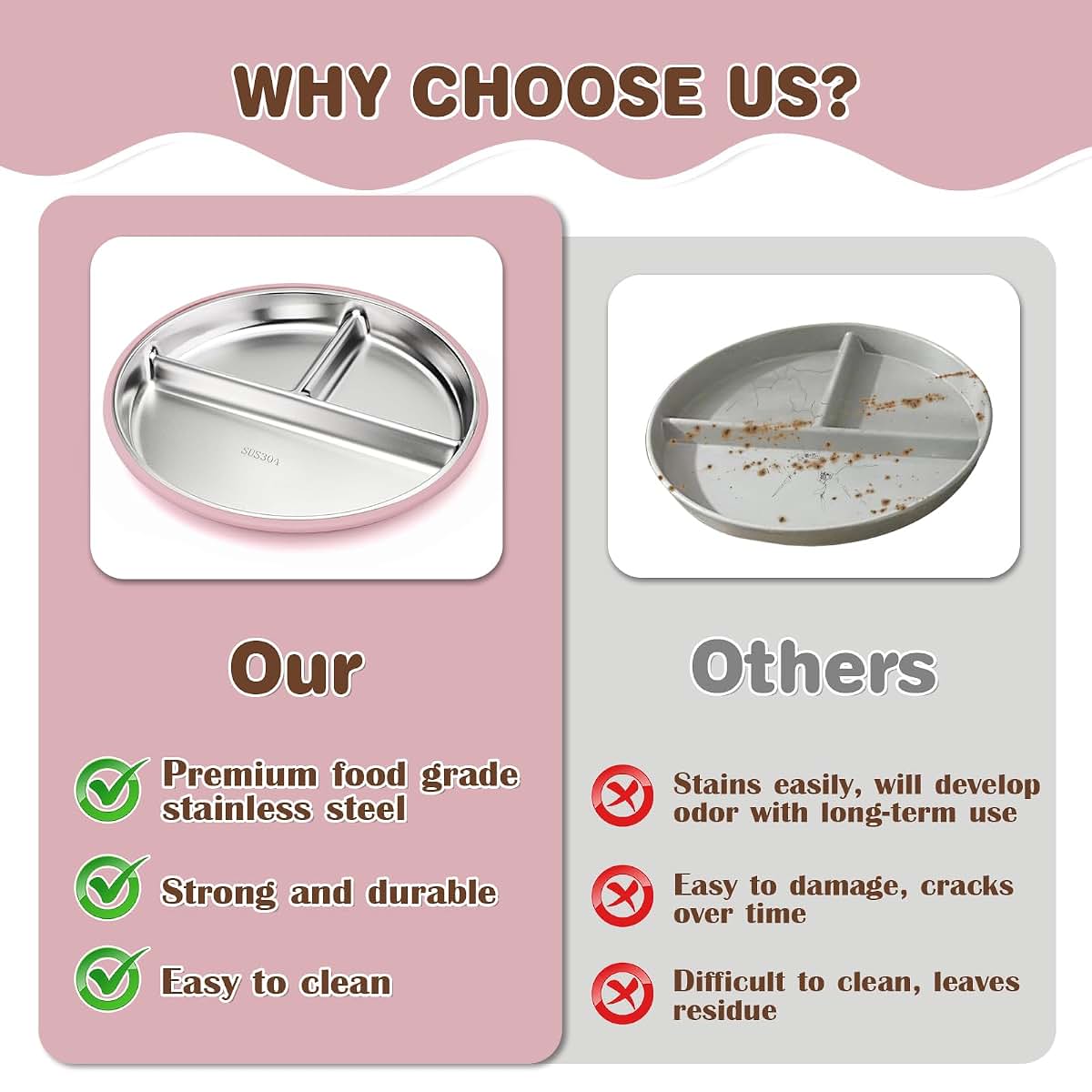Solldgt Stainless Steel Kids Plates with Suction, 9" Divided Baby Plates Set of 2, Pink & Beige