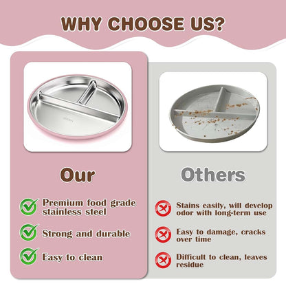 Solldgt Stainless Steel Kids Plates with Suction, 9" Divided Baby Plates Set of 2, Pink & Beige
