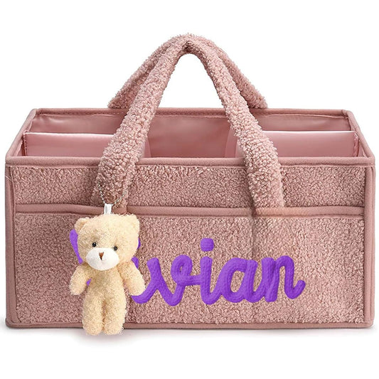 PLOVEGIFT Personalized Plush Baby Storage Basket, Soft Bin Side Pockets, Custom Name Diaper Caddy Organizer With