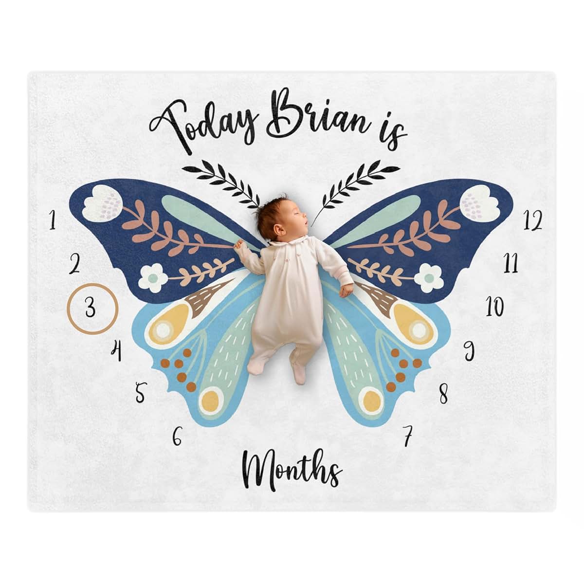 Ferdus Personalized Baby Blanket with Name Boho Moon Baby Monthly Milestone Blanket, Butterfy Baby Gift,Newborn Baby