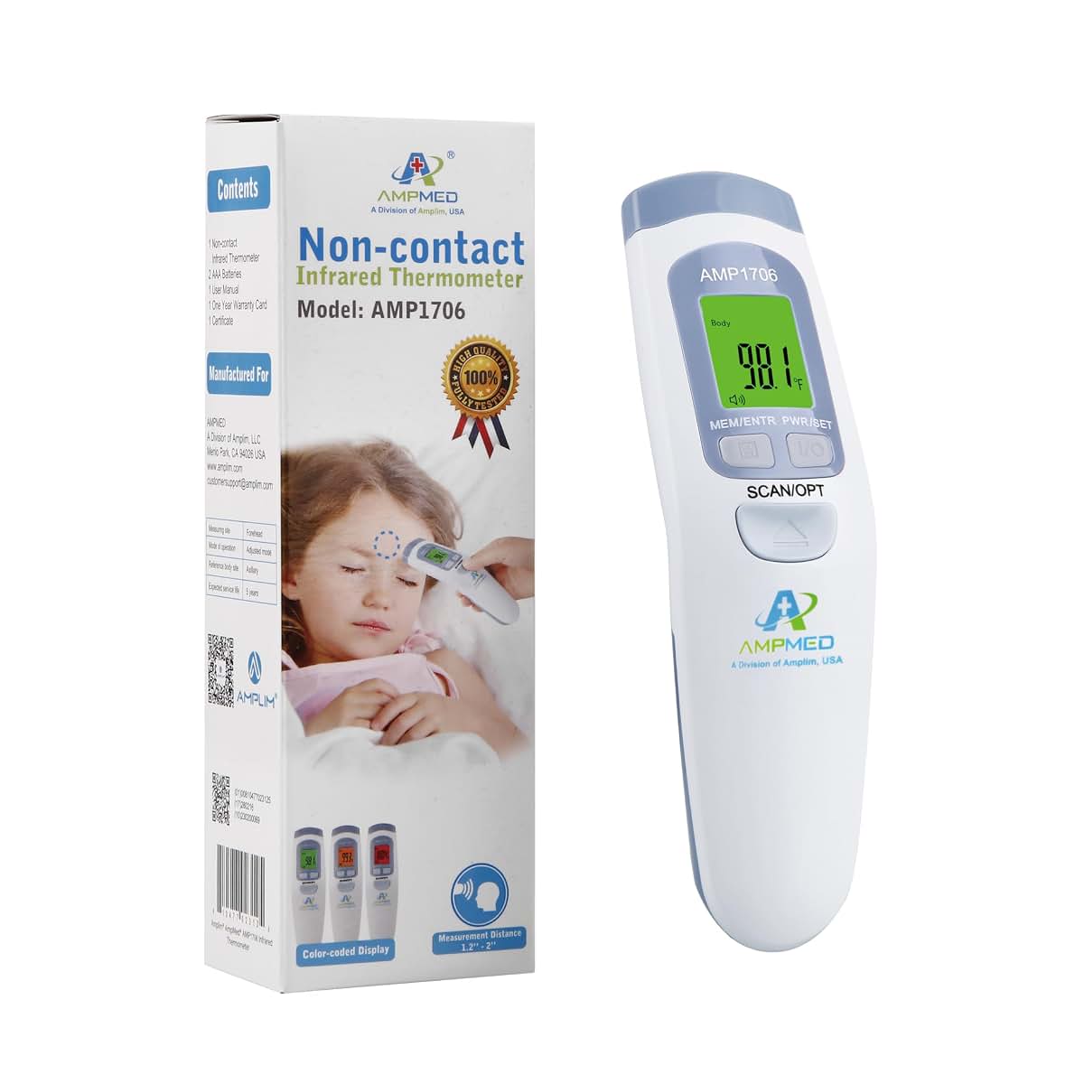Amplim AmpMed Non-Contact Digital Thermometer for Adults and Kids