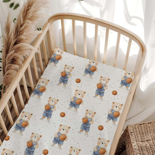 Wicbfdfv Cute Basketball Bear Blue Baby Crib Sheets for Boy Girl 28x52 Inch Sport Bears Animals Fitted Crib Mattress