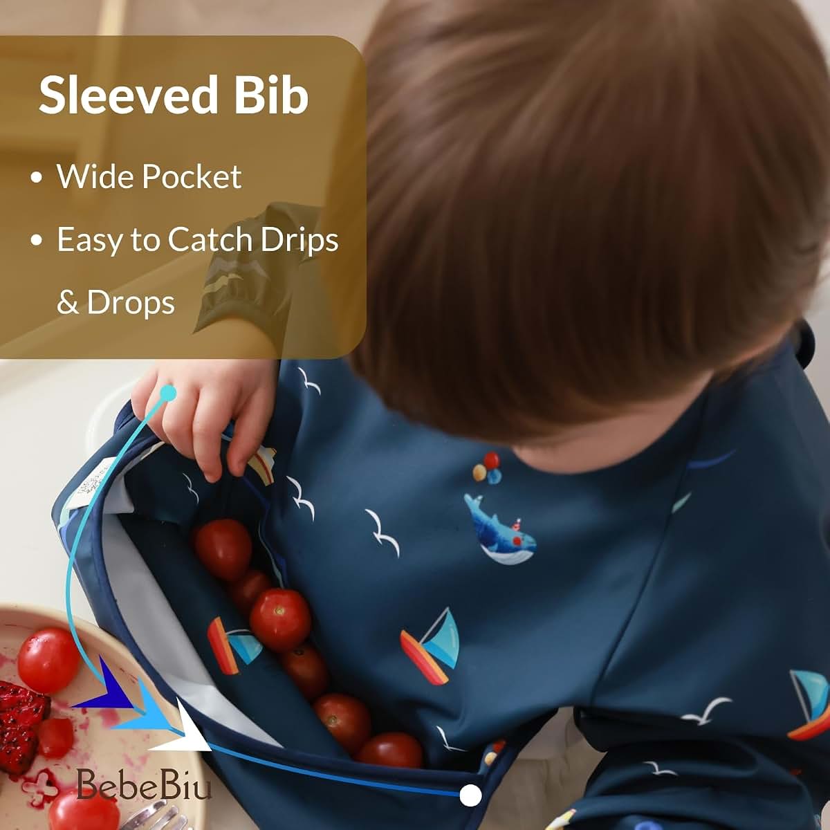 BebeBiu Long Sleeve Baby Bib With Waterproof Fabric And Catch-All Pocket