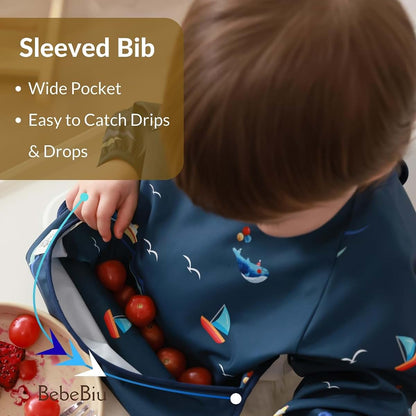 BebeBiu Long Sleeve Baby Bib With Waterproof Fabric And Catch-All Pocket