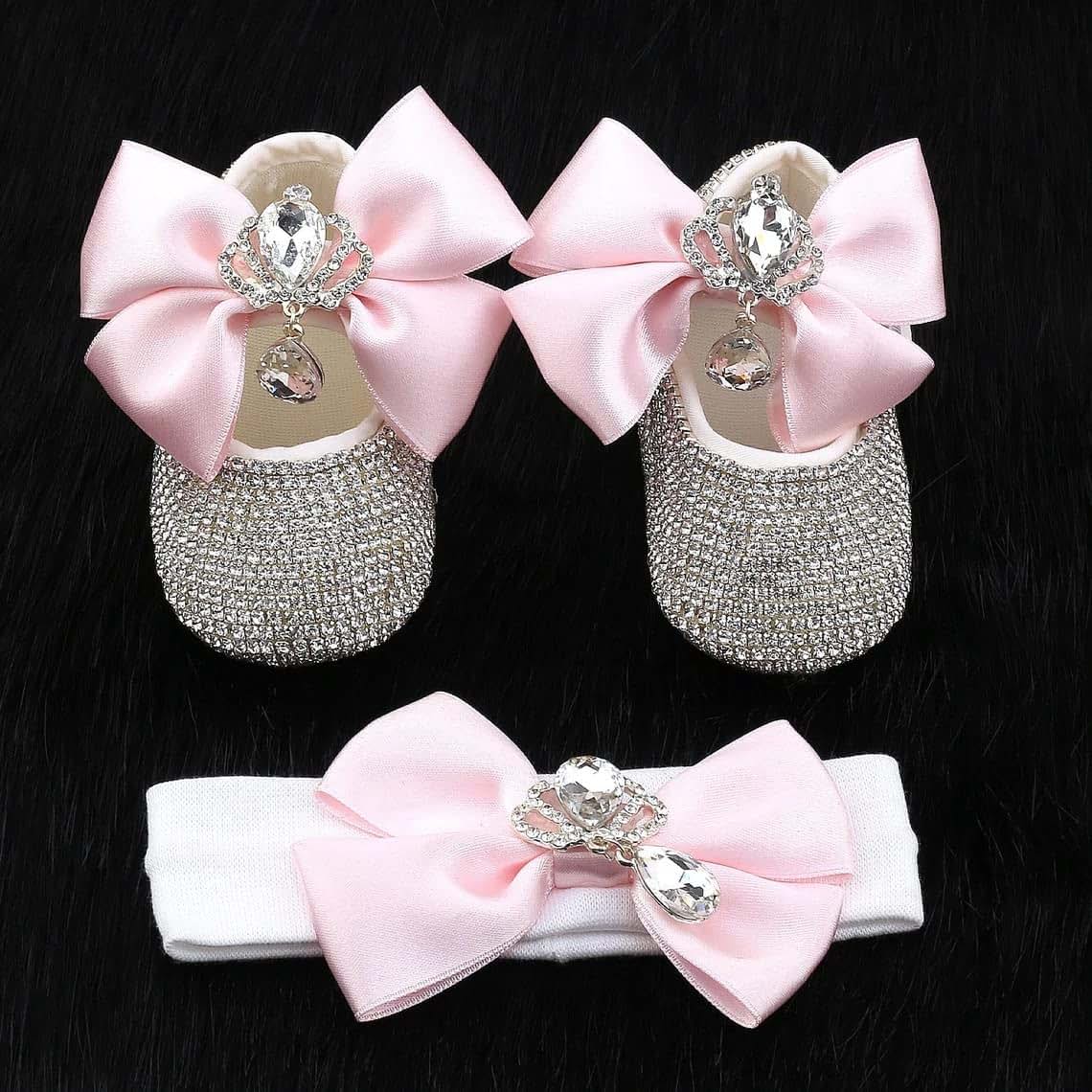 Oren Turkey Bling Rhinestone New Born Baby Girl Shoes and Headband, Luxury Baby Gift Set Cream (photo 3)