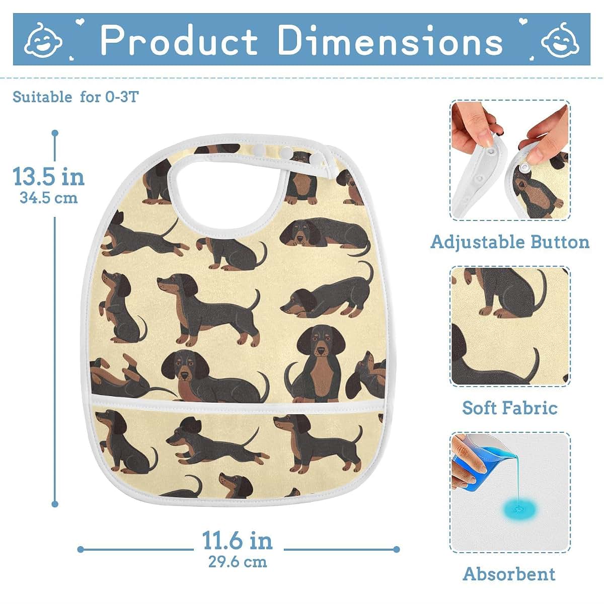 Waterproof Baby Bib with Food Catcher Pocket and Adjustable Snaps