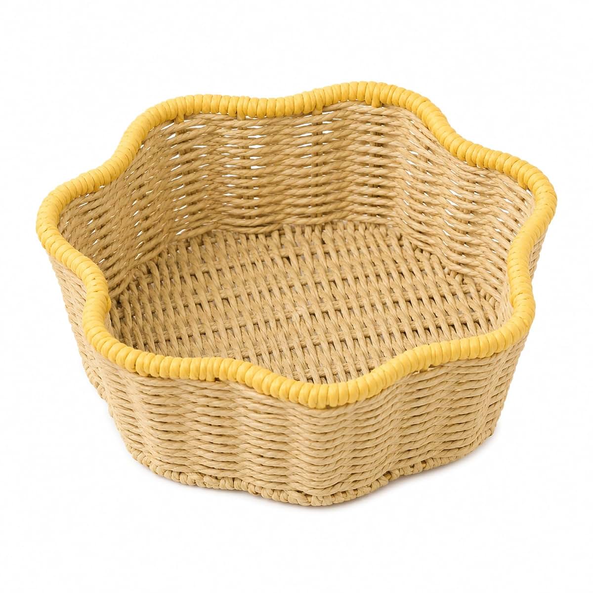 Dunbori Handwoven Paper Rope Storage Basket, Flower Shape in Light Yellow
