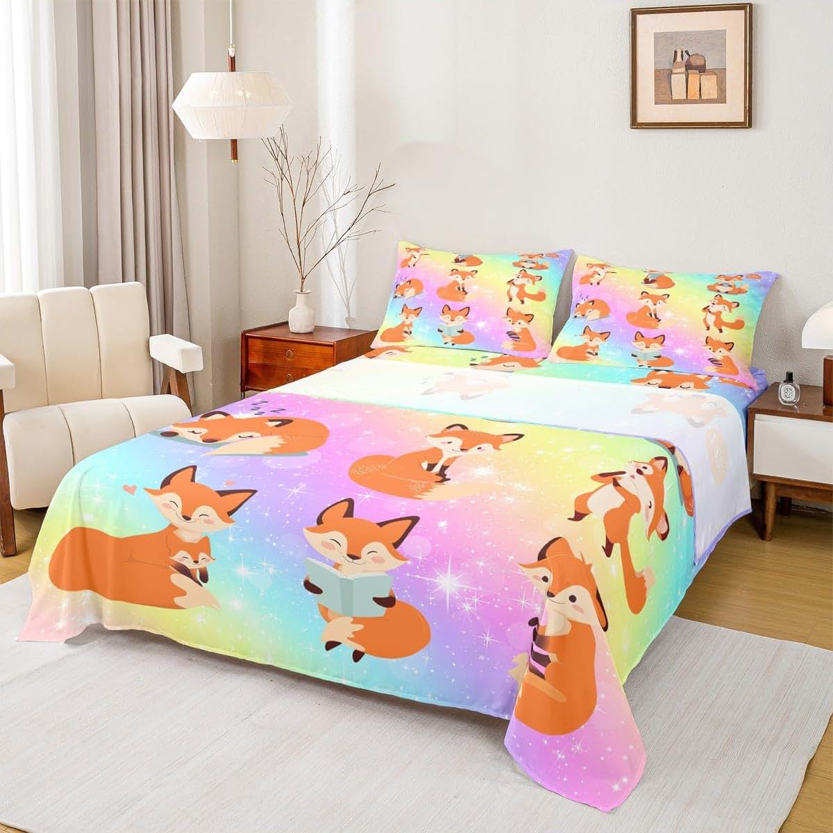 Erosebridal Kids Fox Bed Sheets Cartoon Animal Print 4-Piece King Size Sheet Set