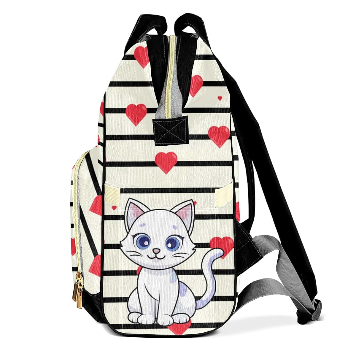 YallLocoMo Personalized Diaper Bag Backpack Gift Cat Stripe Heart Convenient and Durable: Waterproof Multi-Compartment (photo 3)