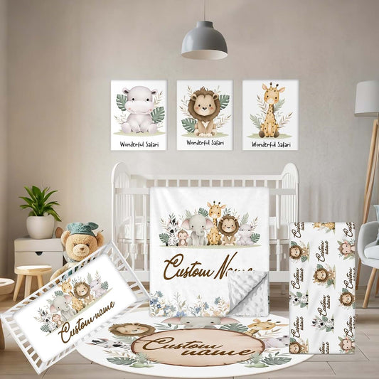 Kryvoxc Personalized Baby Bedding Set, 5 Pcs Custom Baby Crib Sets with Name, Animal Safari Toddler Bedding Set for