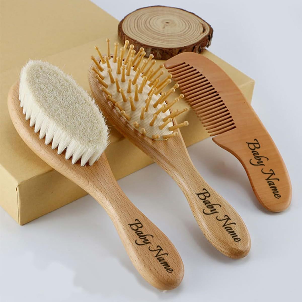 Zymech Personalized Baby Hair Brush Set with Custom Name Wooden Brush and Comb