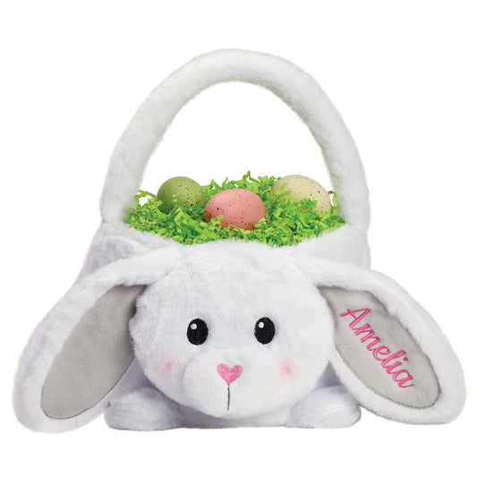 Personalized Planet Personalized Plush Easter Bunny Basket with Custom Name Embroidered in Teal Thread | Soft White Fur
