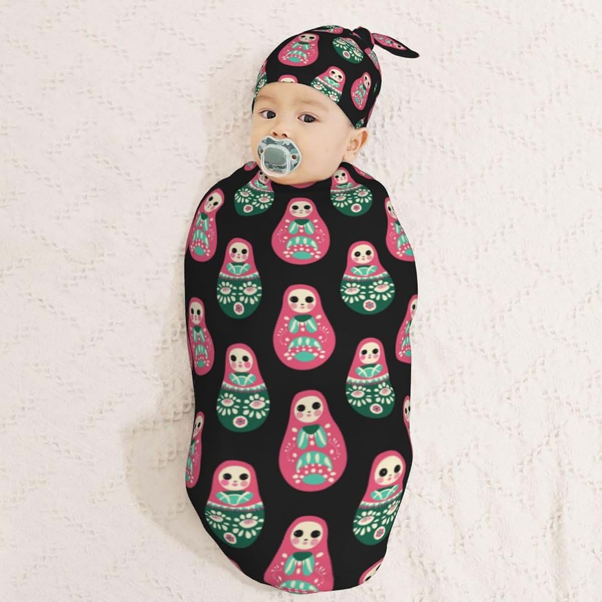 Muishi Pink Russian Dolls Swaddle Blanket and Hat Set for Newborns