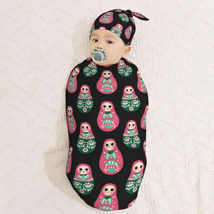 Muishi Pink Russian Dolls Swaddle Blanket and Hat Set for Newborns