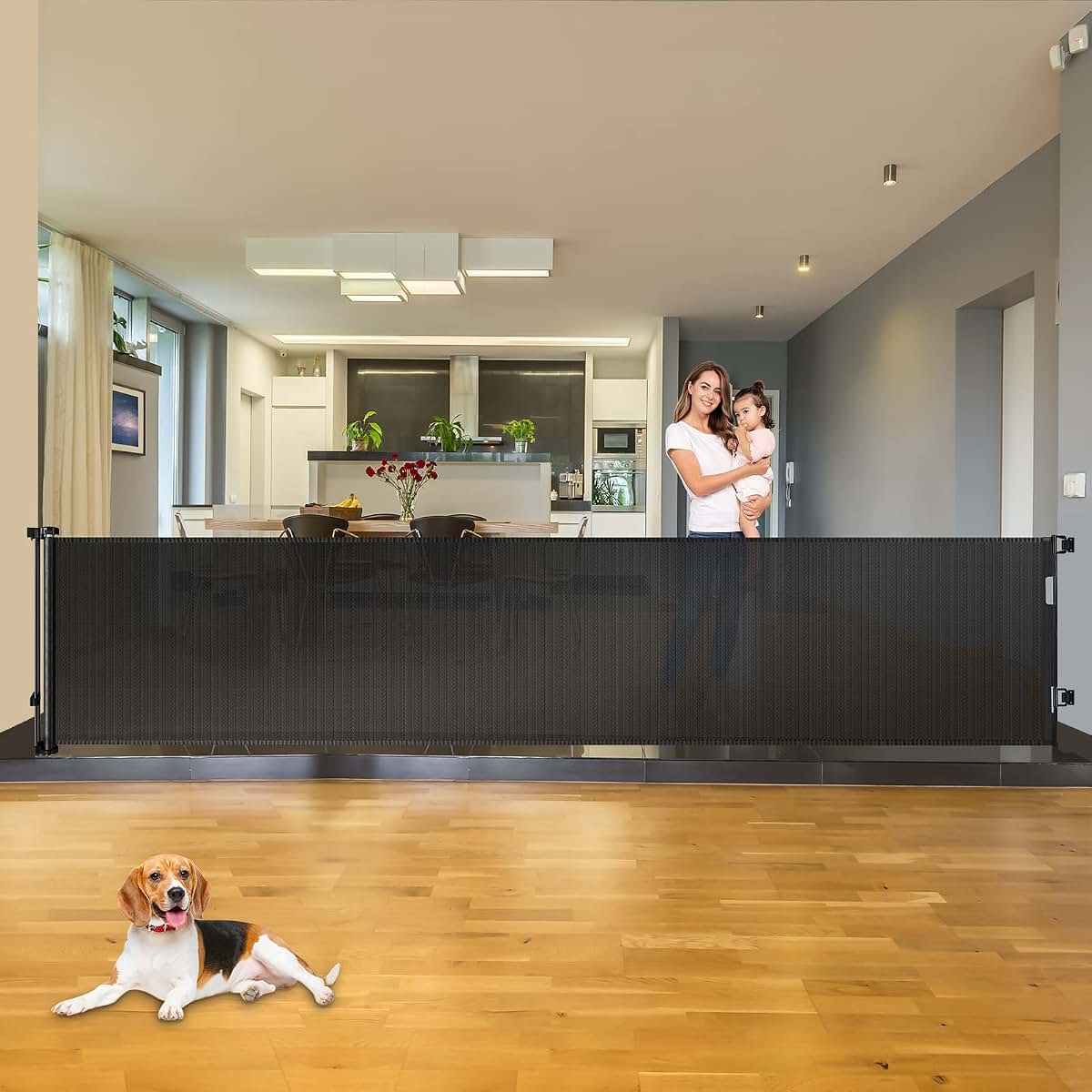 KISKIZ 110-Inch Extra Wide Retractable Baby Gate for Large Openings, Black