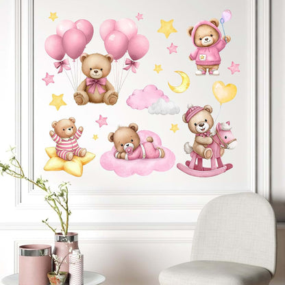 Mfault Pink Baby Bear Wall Decals, 2 Sheets, 35x12 Inches