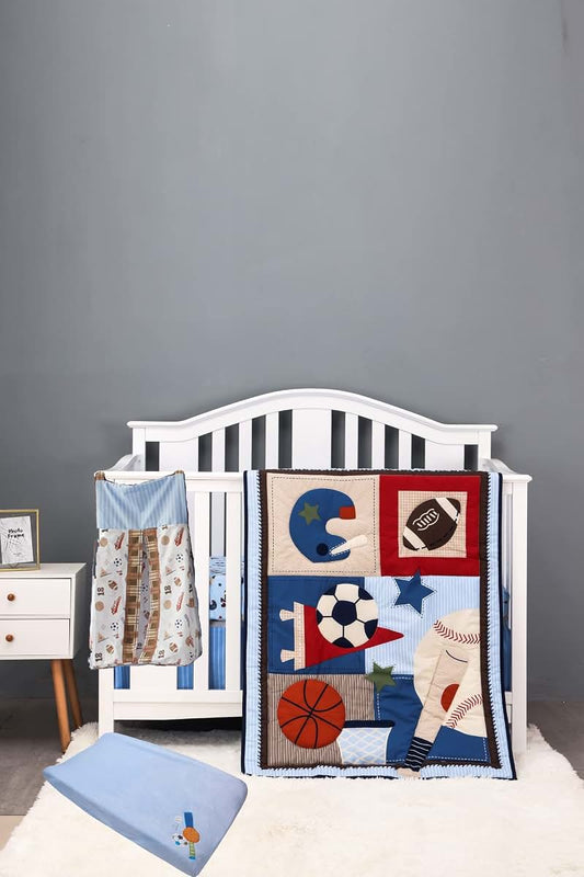 CribMATE 4 PCs Blue Sports Themed Nursery Crib Bedding Set Baby Boy 1 Quilt 1 Fitted Sheet 1 Diaper Organizer 1