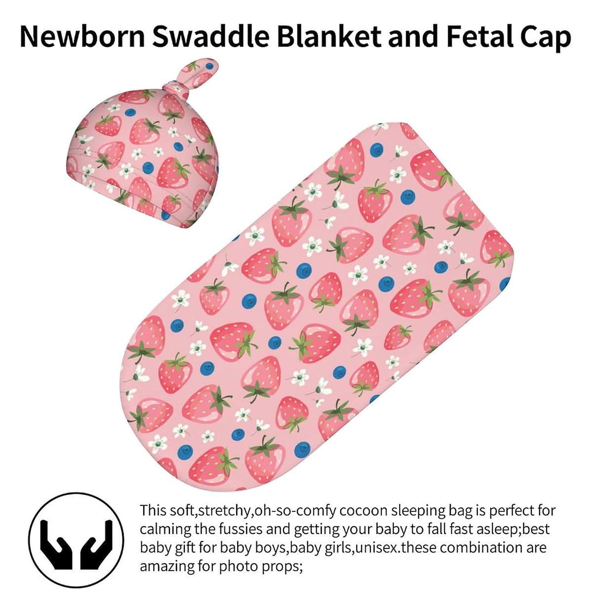 Qiohoey Cute Pink Strawberry Newborn Baby Swaddle Blanket with Beanie Hat Baby Receiving Blanket Gifts for Boys Girls