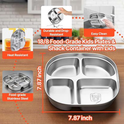 Hyperzacc Stainless Steel Kids Plates, Set of 4 with Lids, 4 Compartments, Dishwasher Safe