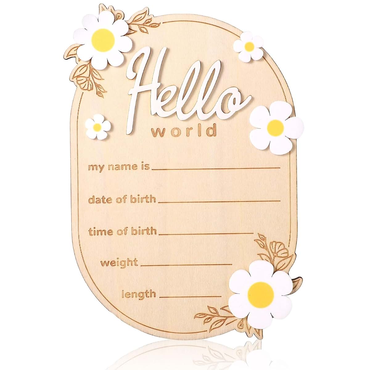 BabyOneStop Wooden Hello World Baby Announcement Sign, 5.91x4.13in Newborn Name Birth Plaque for Nursery Decor