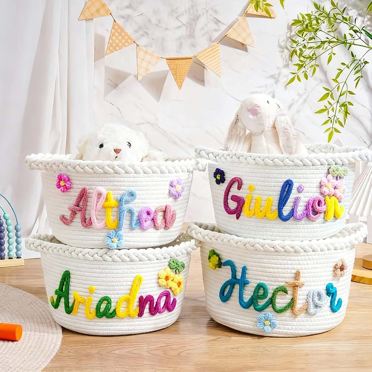 LUNICART Personalized Baby Name Basket, Custom Empty Gift White Basket, Small Diaper Cady, Shower Baskets, Newborn