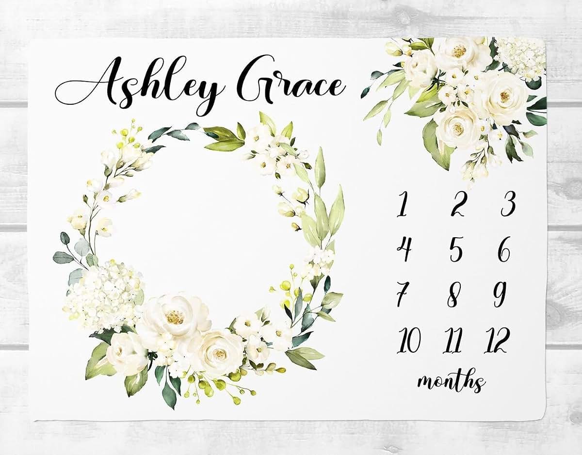 UnoCo Floral Wreath Milestone Blanket Girl, White Rose Baby Month Blanket, Personalized Baby Girl Shower Gift, Baby