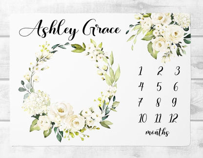UnoCo Floral Wreath Milestone Blanket Girl, White Rose Baby Month Blanket, Personalized Baby Girl Shower Gift, Baby