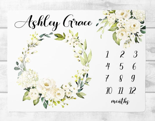 UnoCo Floral Wreath Milestone Blanket Girl, White Rose Baby Month Blanket, Personalized Baby Girl Shower Gift, Baby