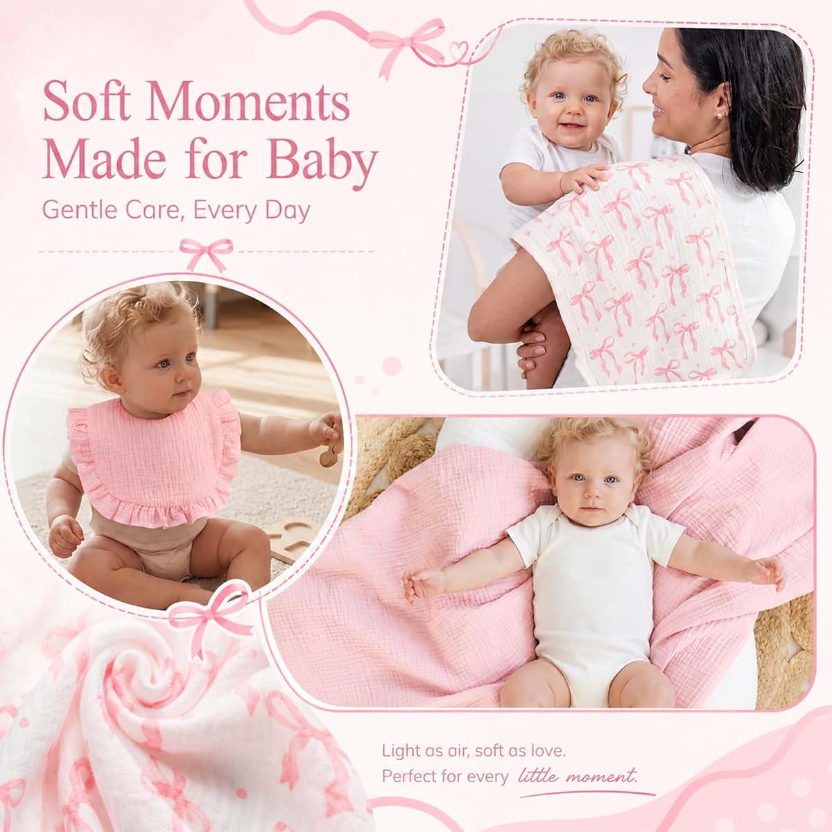 CrystalSylara Pink Bow 6 Piece Muslin Baby Gift Set with Swaddle Blankets, Burp Cloths and Bibs