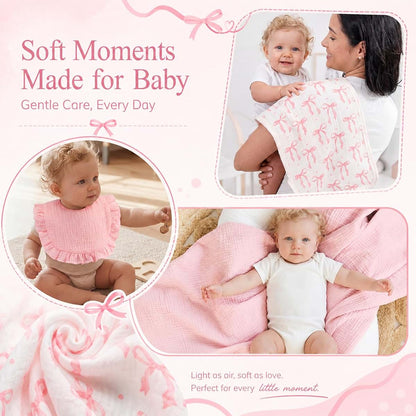 CrystalSylara Pink Bow 6 Piece Muslin Baby Gift Set with Swaddle Blankets, Burp Cloths and Bibs