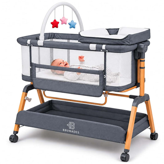 BRUMADES Baby Bassinet Bedside Sleeper, 4-in-1 Rocking Bassinet with Wheels, Gray