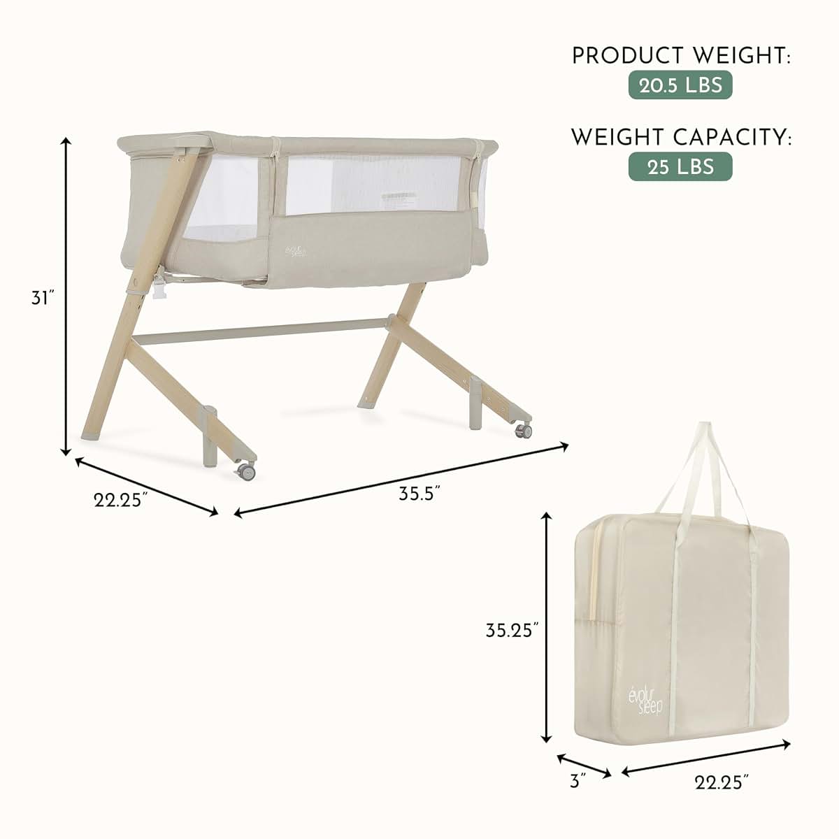 Evolur Stellar Bassinet & Bedside Sleeper – Adjustable Height Bedside Crib for Newborns, Breathable Mesh Sides (photo 3)