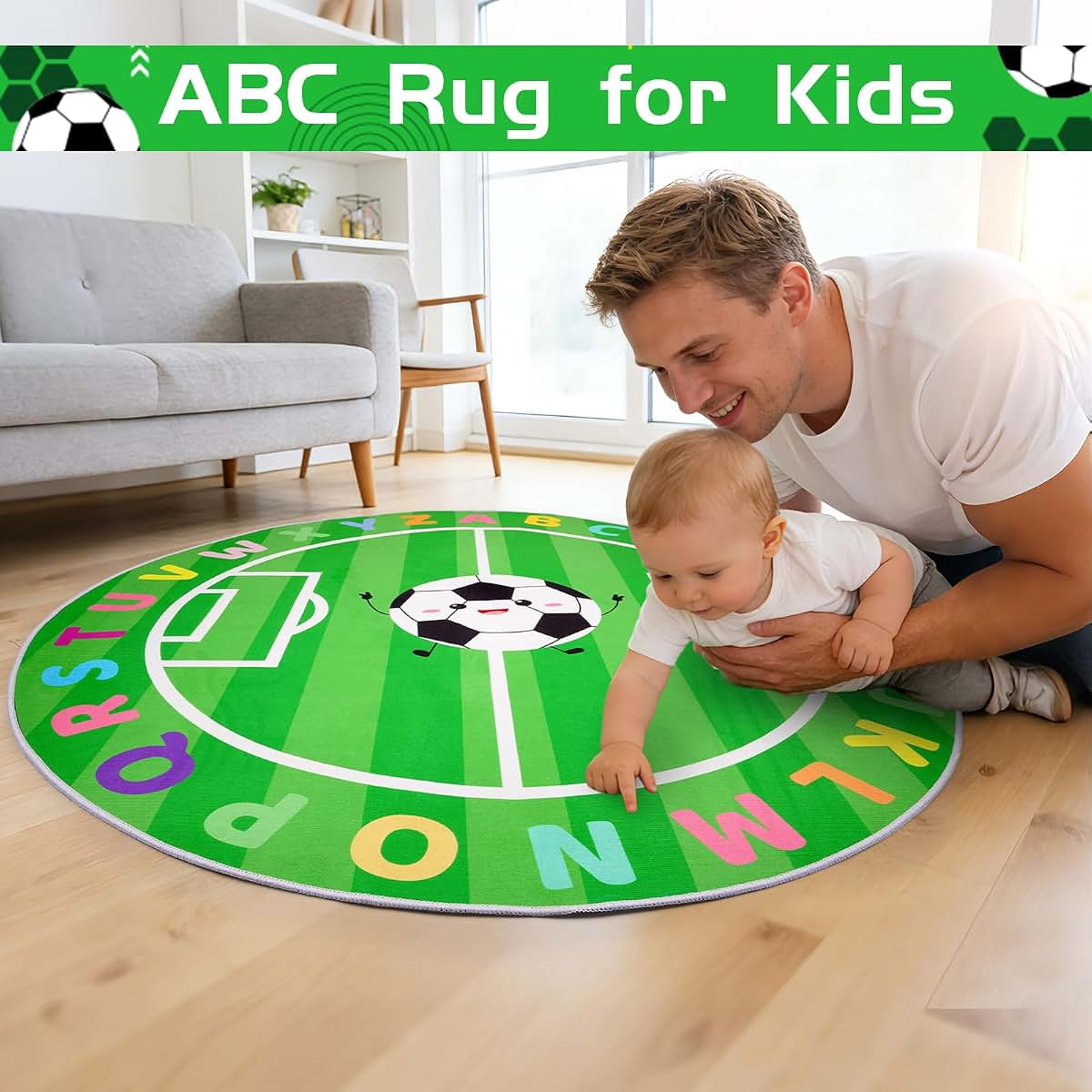 ZeffuLyne 4ft Round ABC Soccer Play Rug for Kids