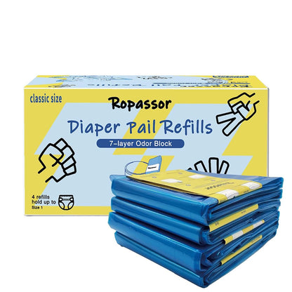Ropassor Diaper Pail Refill Bags for Dekor Classic, 4 Packs (2000 Count), 7-Layer Odor-Block, 12.5m