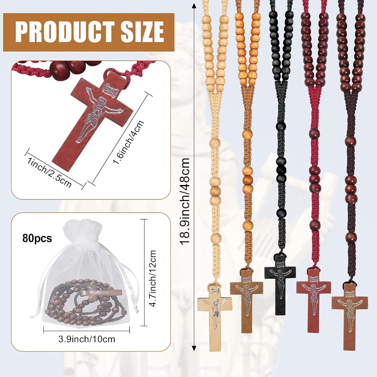 80 Sets Wooden Rosary Beads Bulk 5 Colors with Cross Pendants and Organza Bags